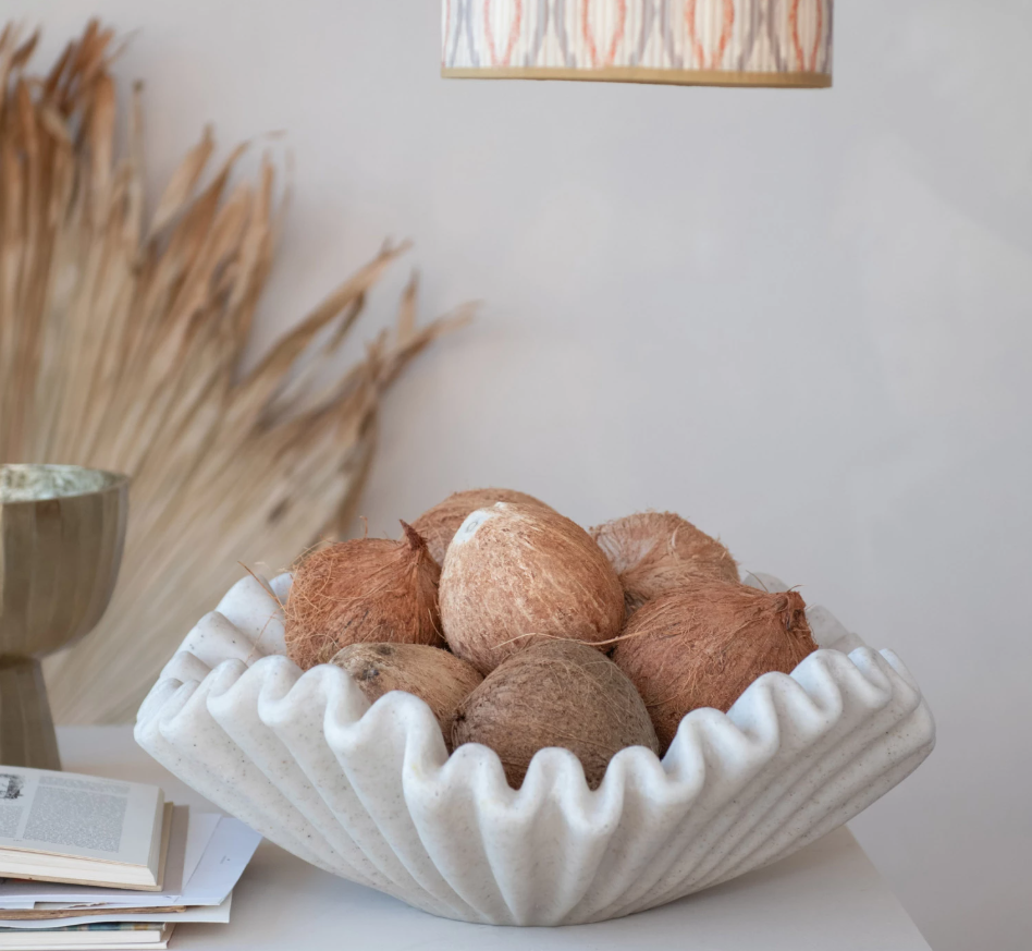 Decorative Resin Ruffled Bowl, Stone Finish, Cream Color