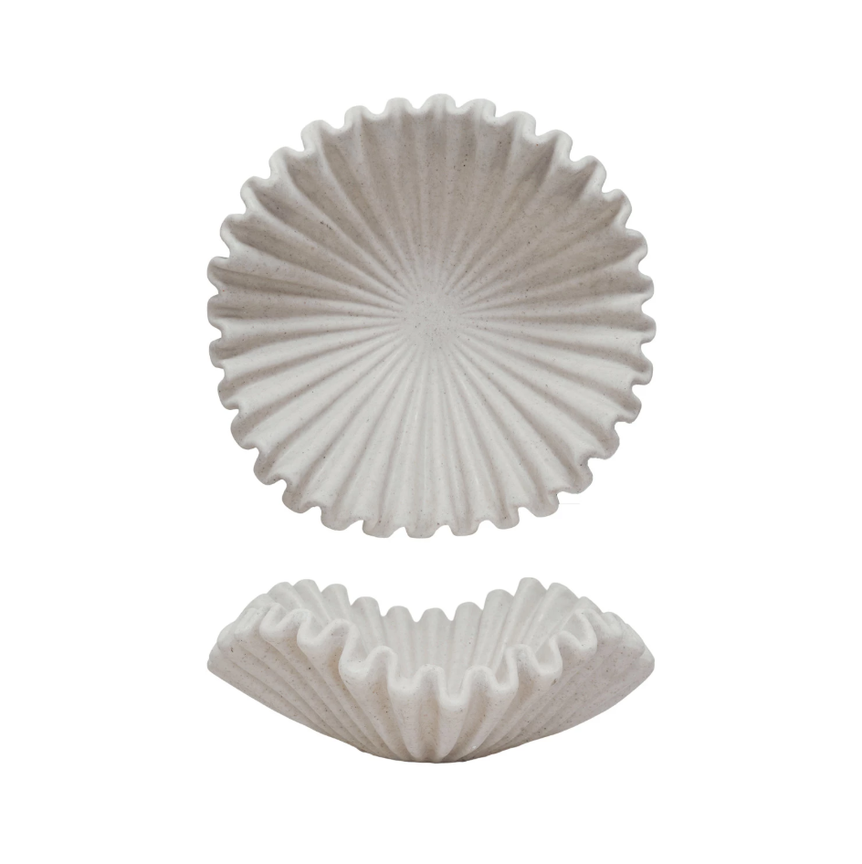 Decorative Resin Ruffled Bowl, Stone Finish, Cream Color