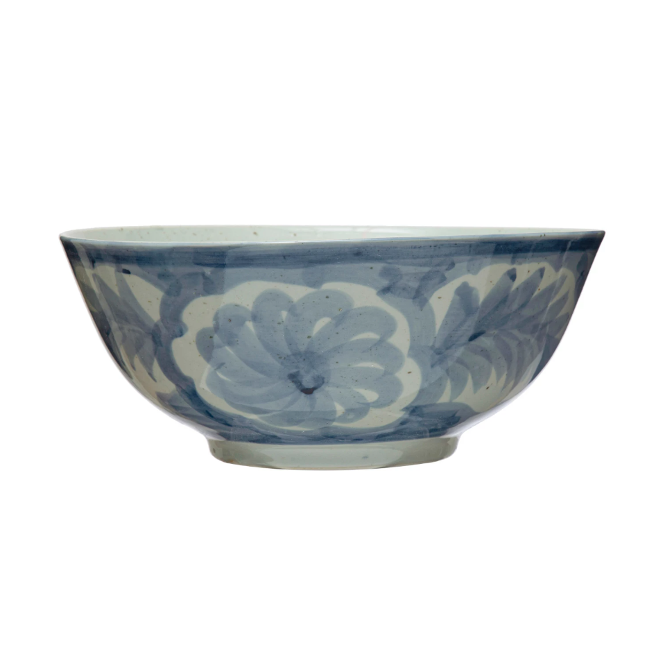 Hand-Painted Stoneware Bowl w/ Design, Blue & White