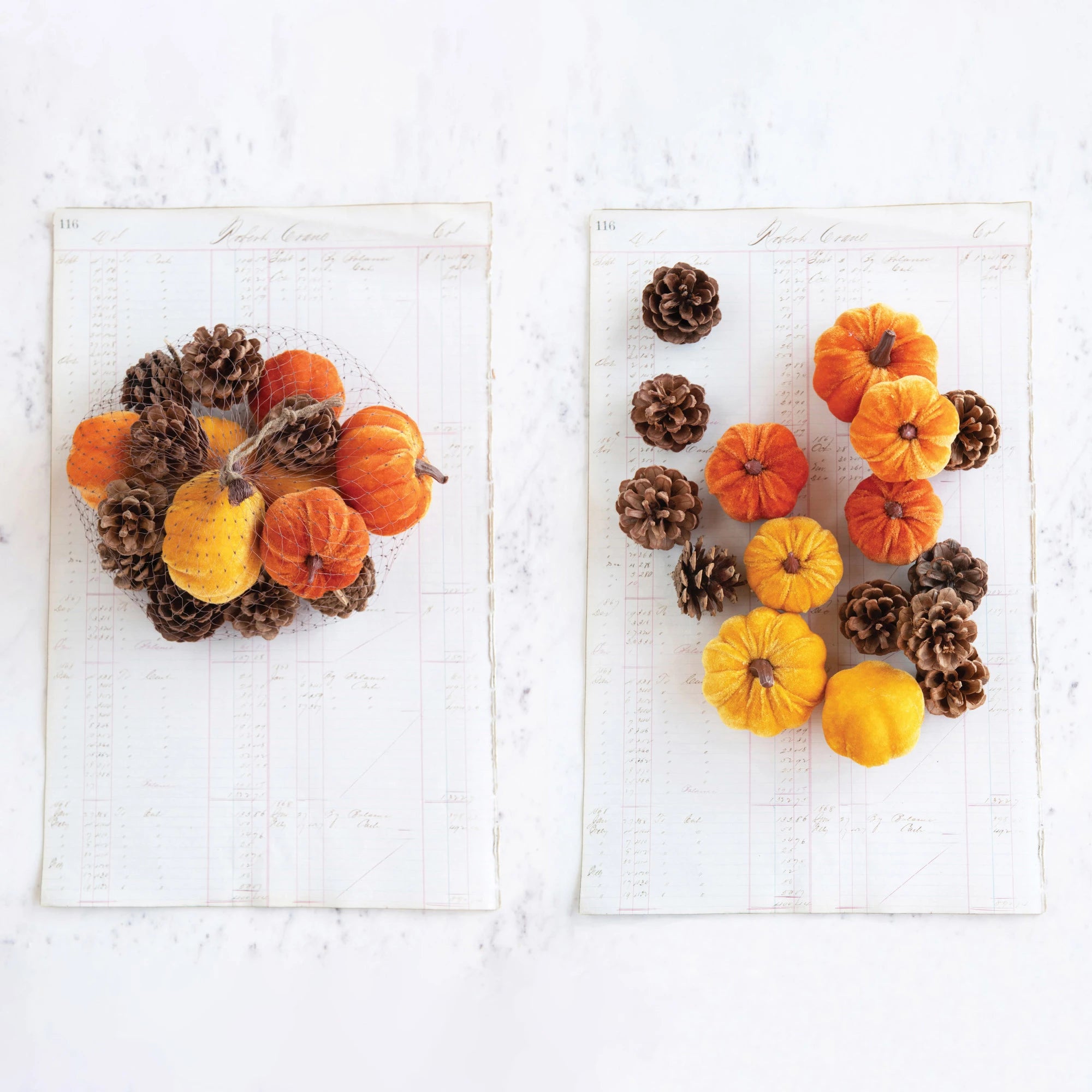 Velvet Pumpkins & Pine Cone Bowl Filler