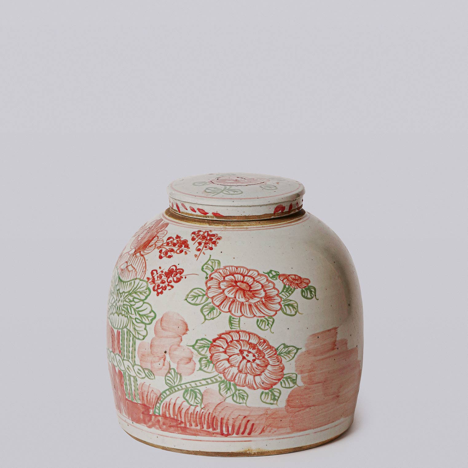 Pink and Green Rustic Porcelain Four Seasons Med. Lidded Jar