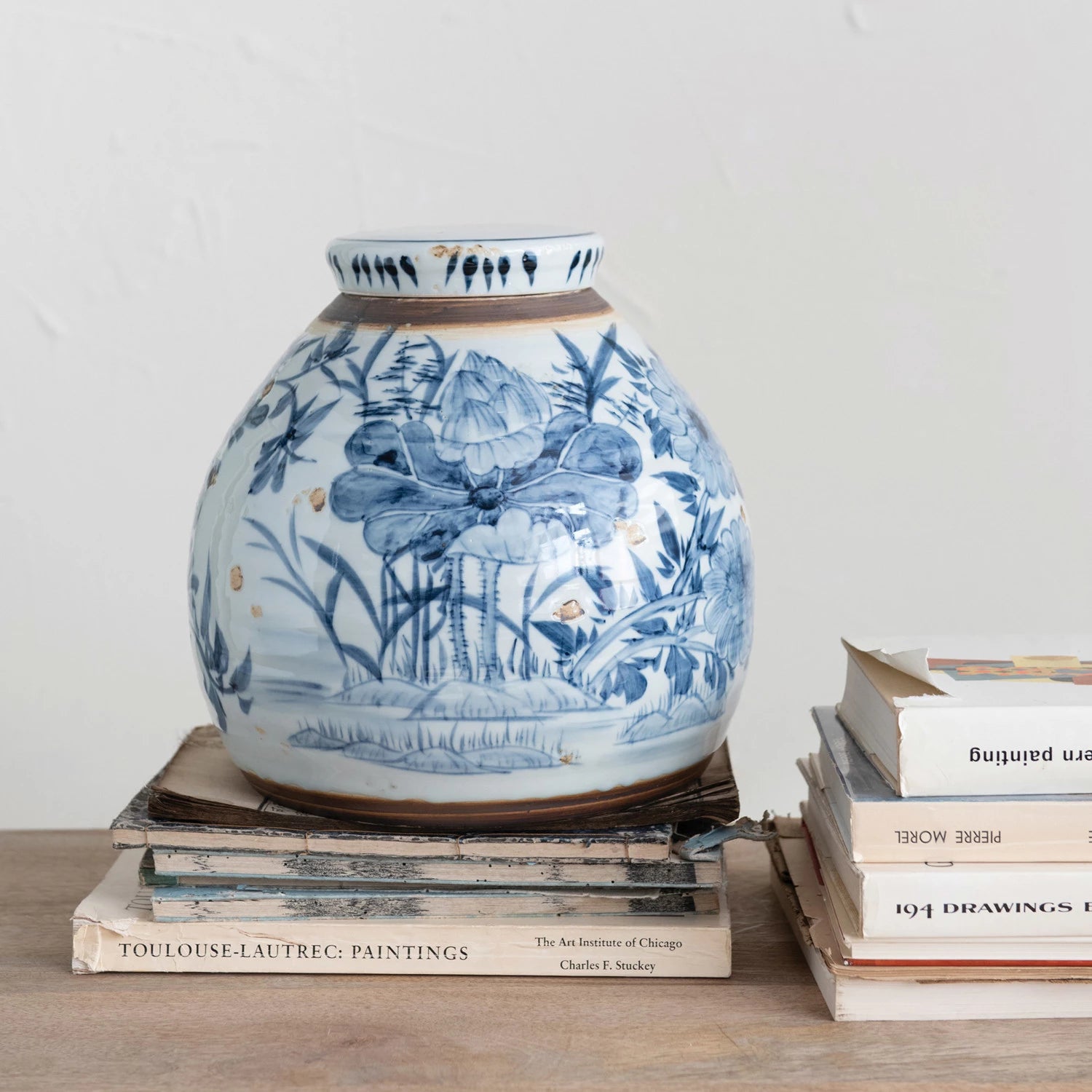 Blue & White Stoneware Ginger Jar