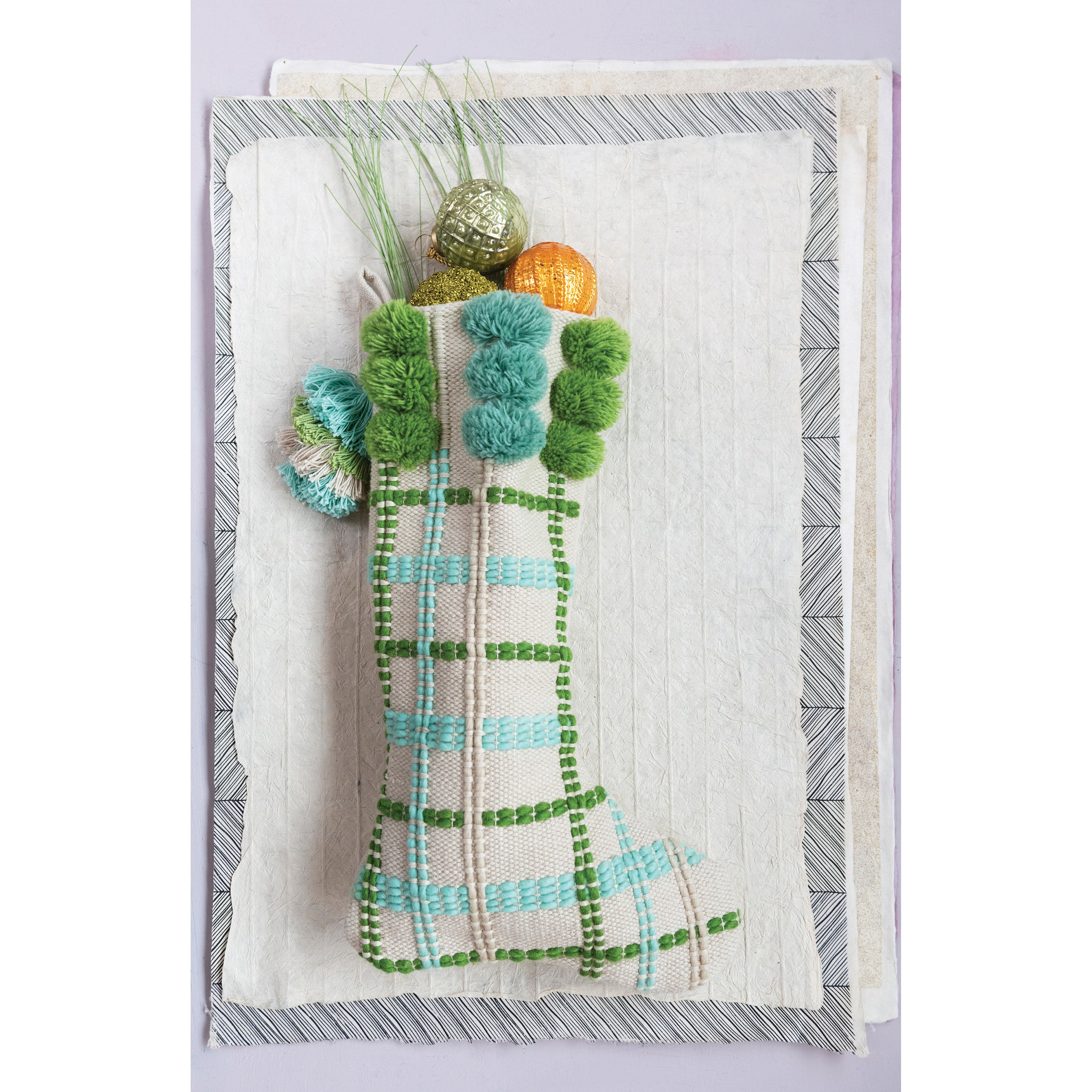 Woven Cotton and Wool Stocking with Grid Pattern