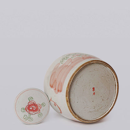 Pink and Green Rustic Porcelain Four Seasons Med. Lidded Jar