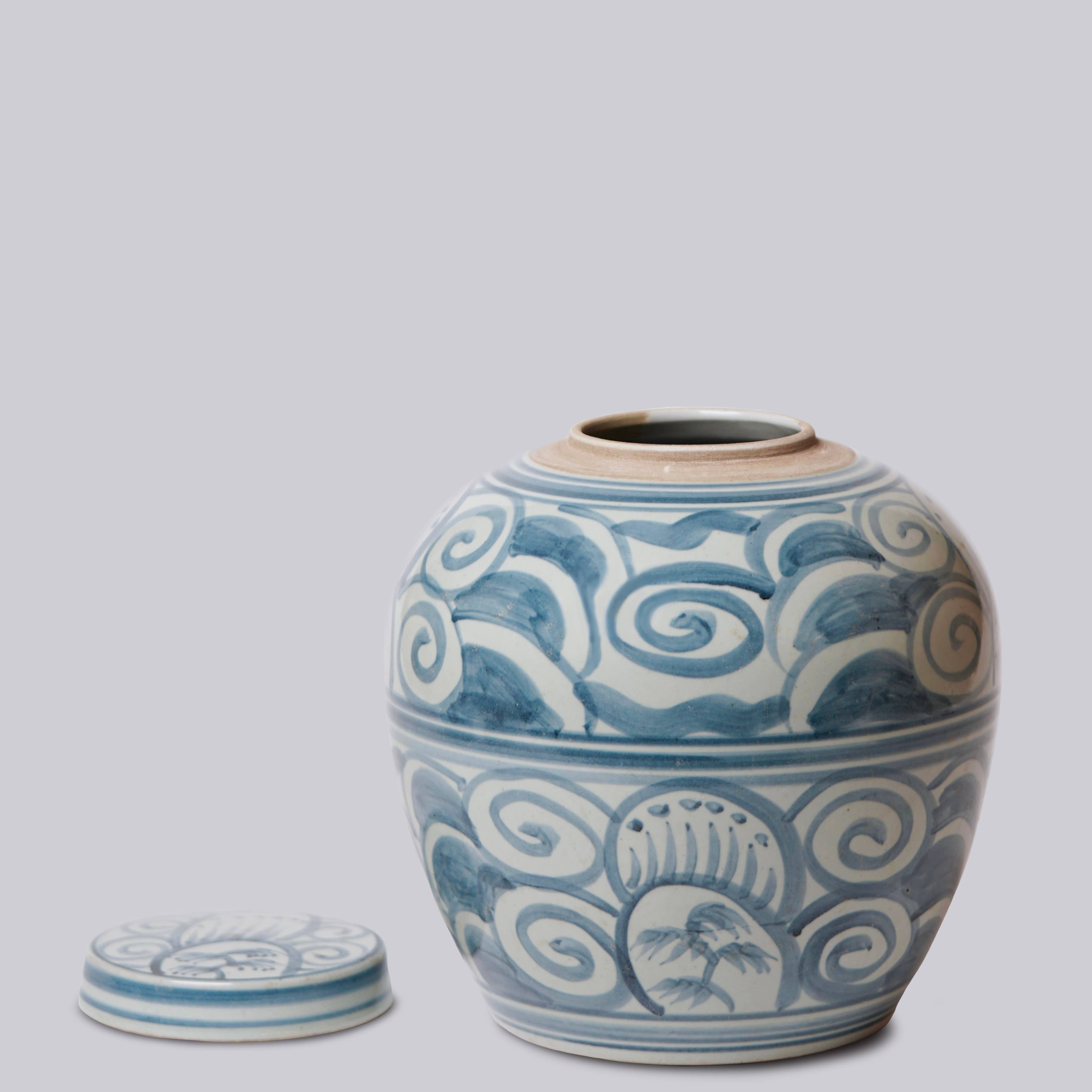 Curlicue Blue and White Porcelain Storage Jar