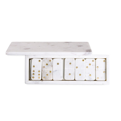 White Marble Dominoes Set w/ Brass Dots Inlay