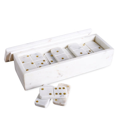White Marble Dominoes Set w/ Brass Dots Inlay
