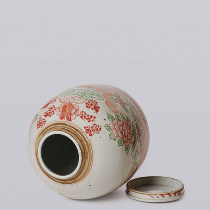 Pink and Green Rustic Porcelain Four Seasons Med. Lidded Jar