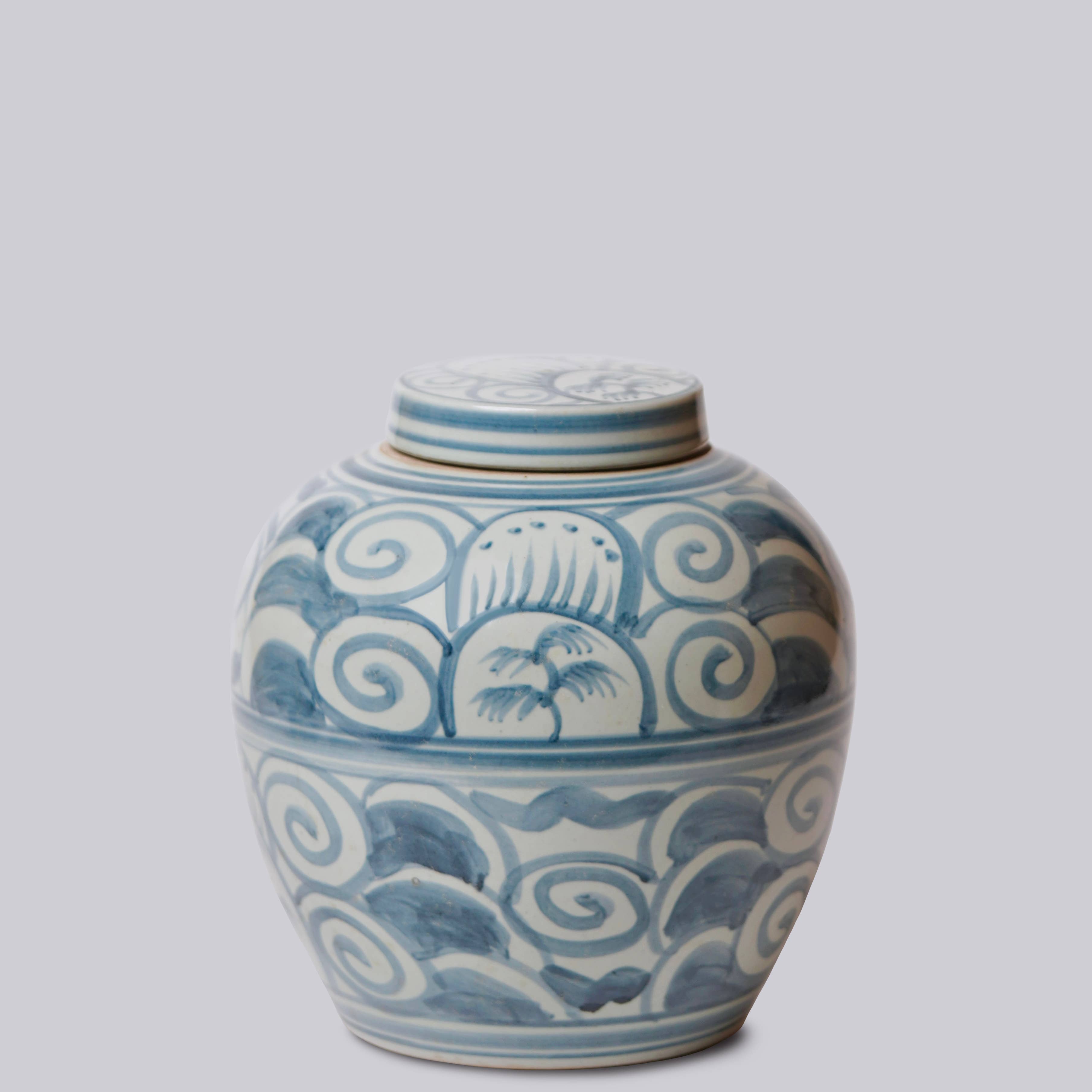 Curlicue Blue and White Porcelain Storage Jar