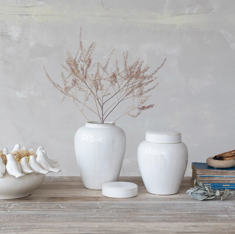 Decorative Debossed Stoneware Ginger Jar with Lid