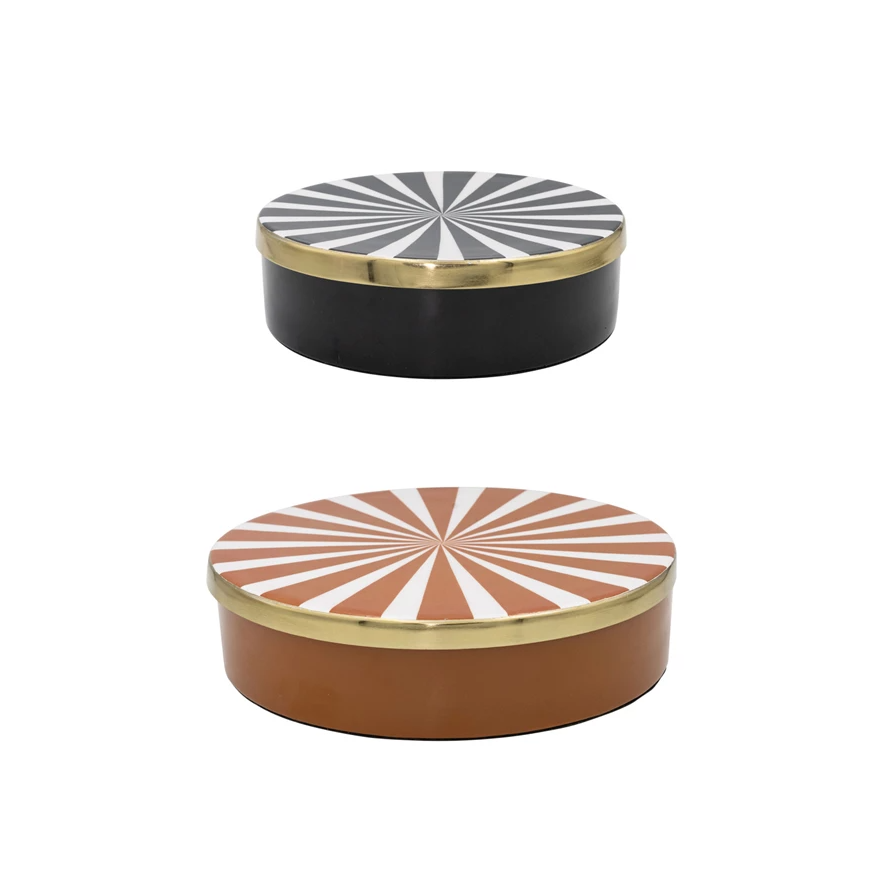 Decorative Enameled Metal Boxes with Striped Lids