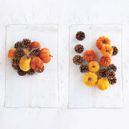 Velvet Pumpkins &amp; Pine Cone Bowl Filler
