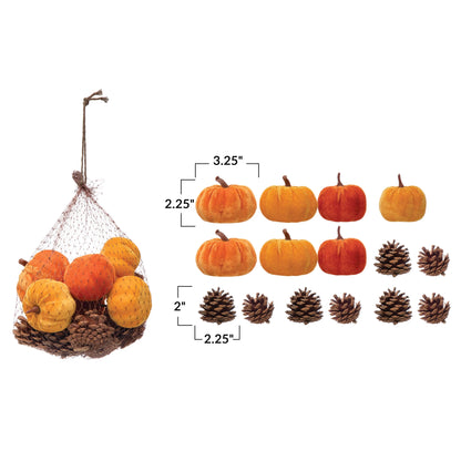 Velvet Pumpkins &amp; Pine Cone Bowl Filler