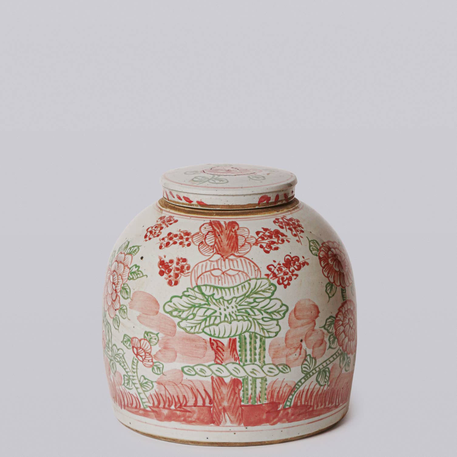 Pink and Green Rustic Porcelain Four Seasons Med. Lidded Jar
