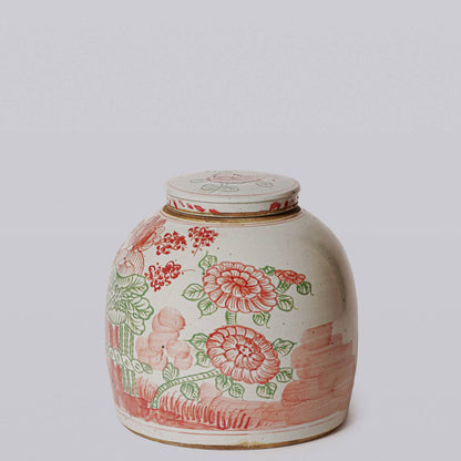 Pink and Green Rustic Porcelain Four Seasons Med. Lidded Jar