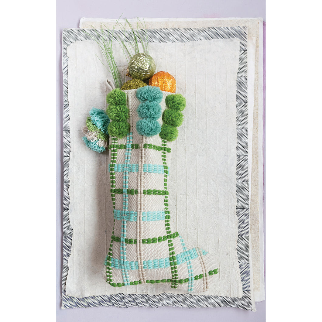 Woven Cotton and Wool Stocking with Grid Pattern