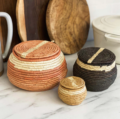Set of 3 Peach &amp; Tan Nesting Raffia Boxes